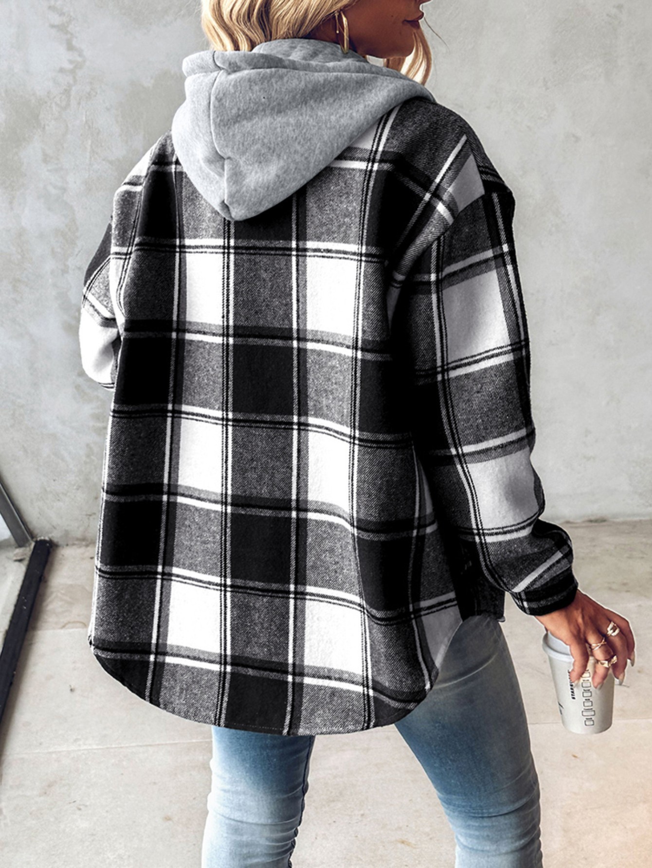 Plaid Pattern Long Sleeve Shacket Button Down Fleece Lined Hooded Jackets Warm Coat