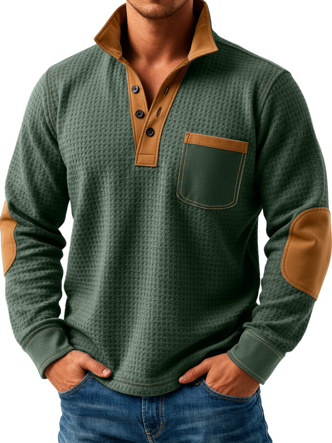 Men's Retro Texture Splicing Stand Collar Button Casual Long Sleeve POLO Shirt