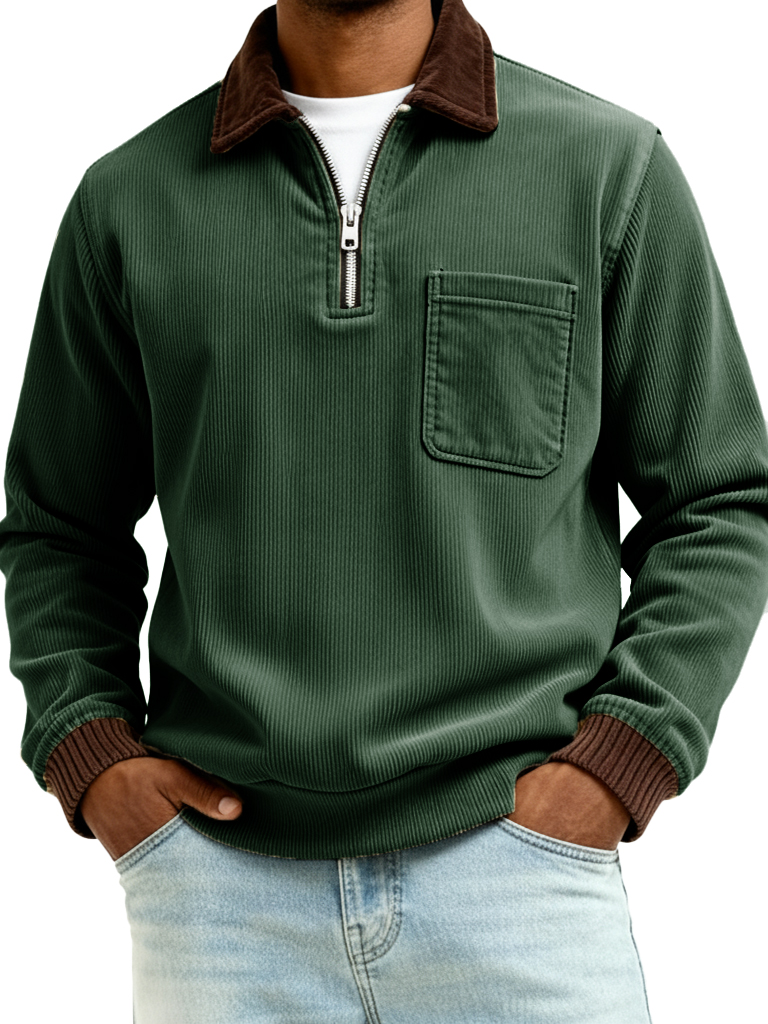 Men's Fashionable Casual Ribbed Patchwork Pocket Long-Sleeved Collared Polo Shirt