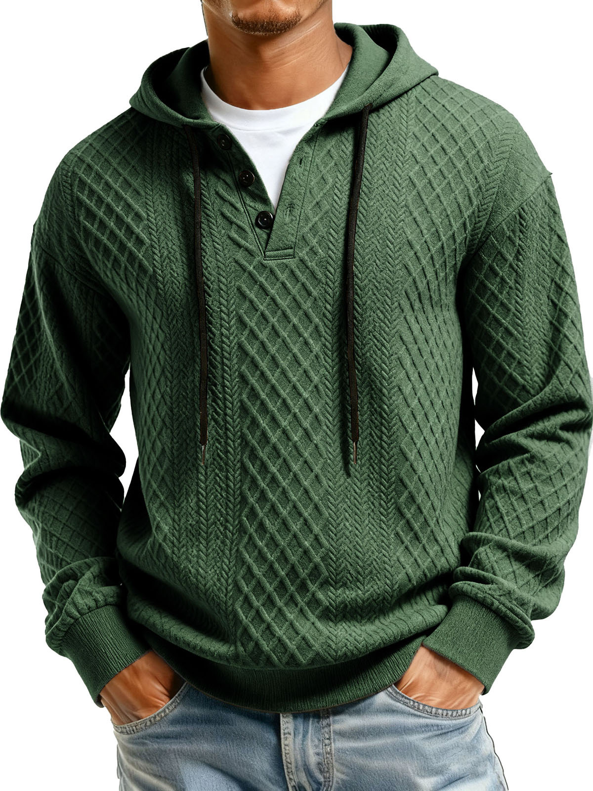 Men's Casual Jacquard Fabric Buttons Long-sleeved Hoodie