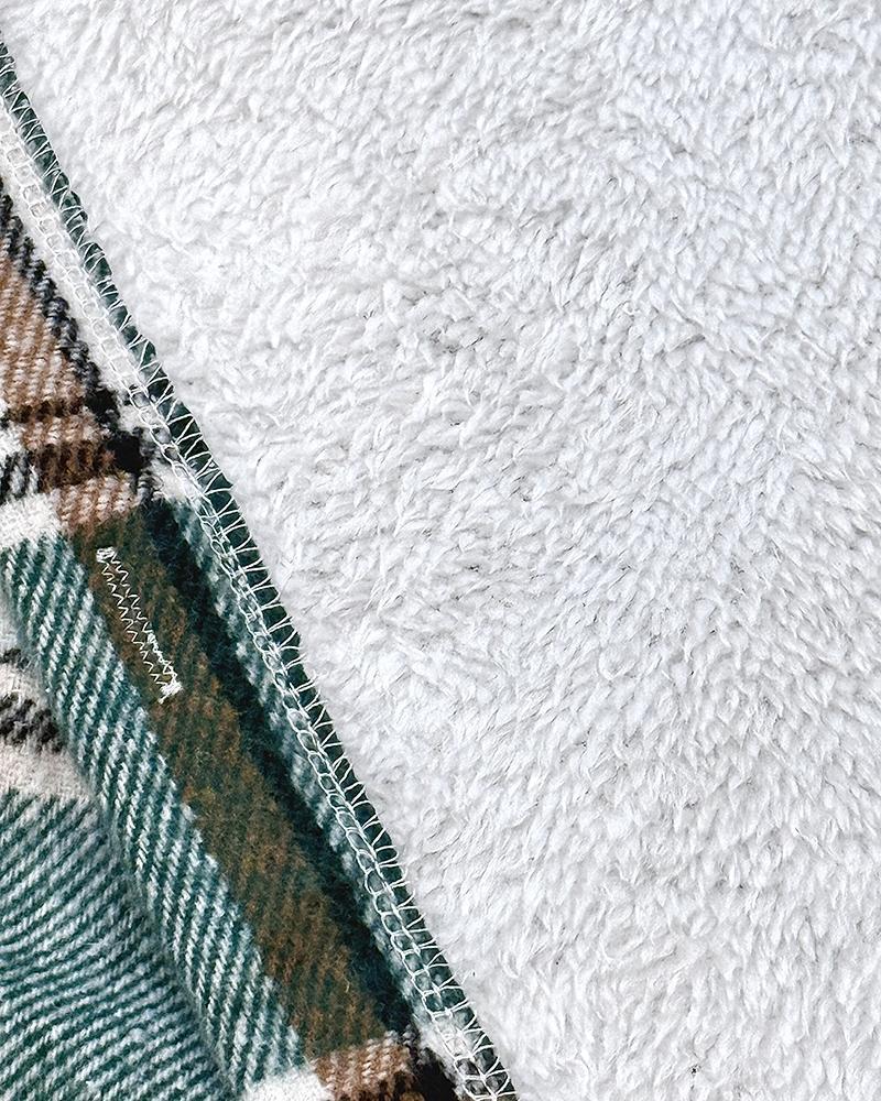 Plaid Pattern Long Sleeve Shacket Button Down Fleece Lined Hooded Jackets Warm Coat