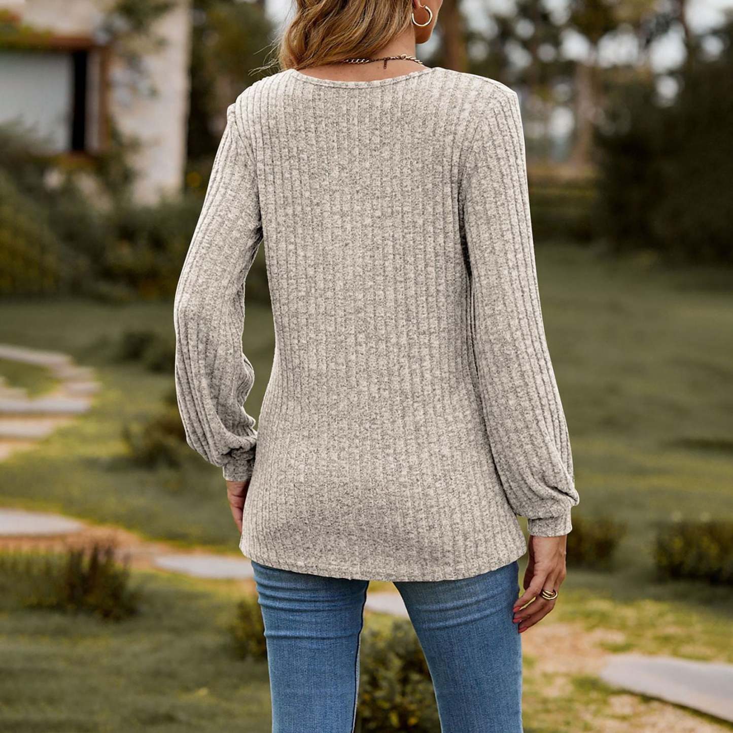 Women's Fall Button Scoop Neck Puff Long Sleeve Henley Shirts