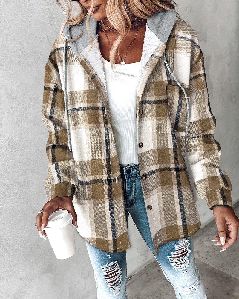 Plaid Pattern Long Sleeve Shacket Button Down Fleece Lined Hooded Jackets Warm Coat