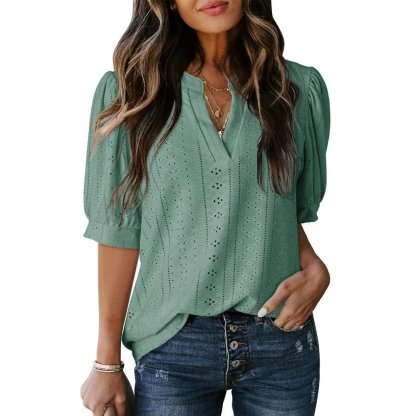 🏆🔥Women's Summer Casual Blouses V Neck Short Sleeve Shirts Hollow Out Cute Tops Loose Fit Breathable Fabric