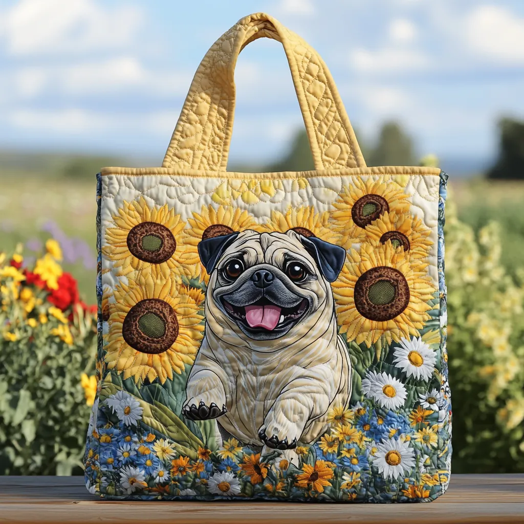 Sunny Pug Quilted Tote Bag