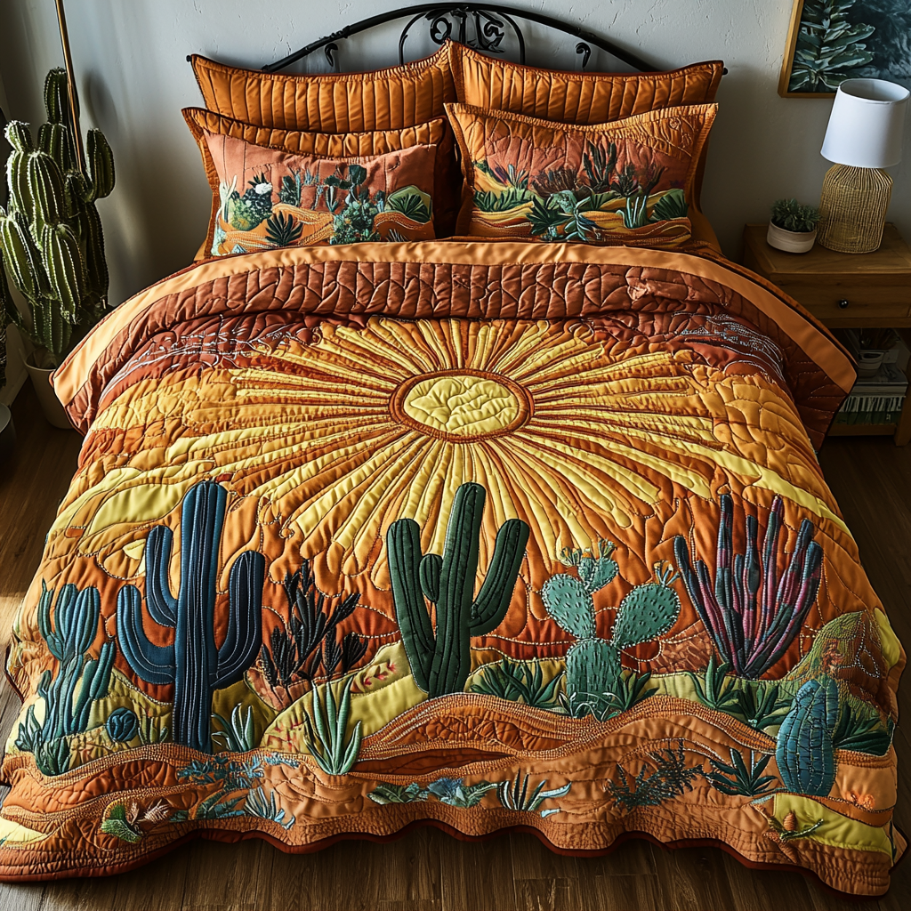 Cactus Sunrise 3-Piece Quilted Bedding Set NCU0VH3070