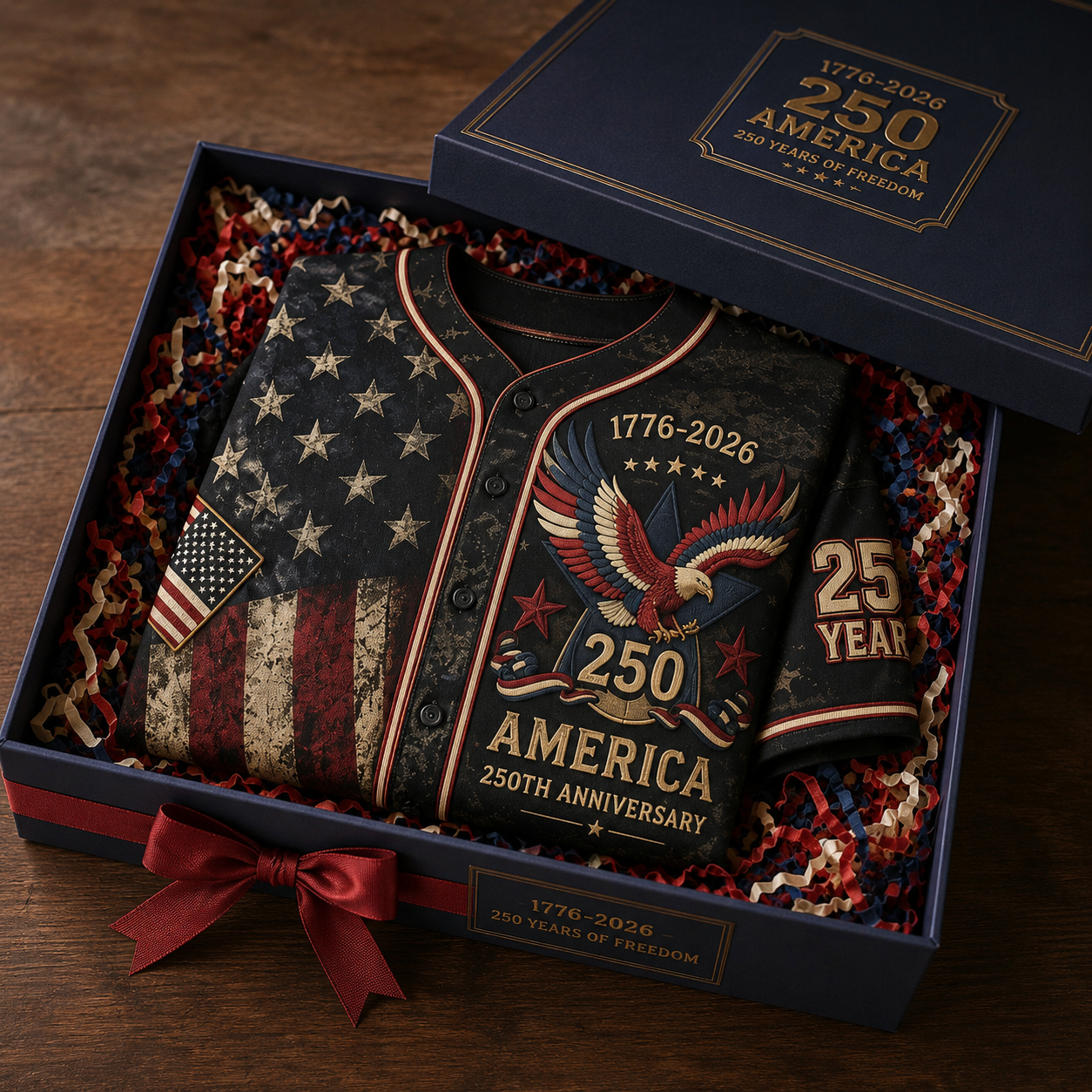 Vintage-style baseball jersey commemorating the 250th anniversary of the founding of the United States.