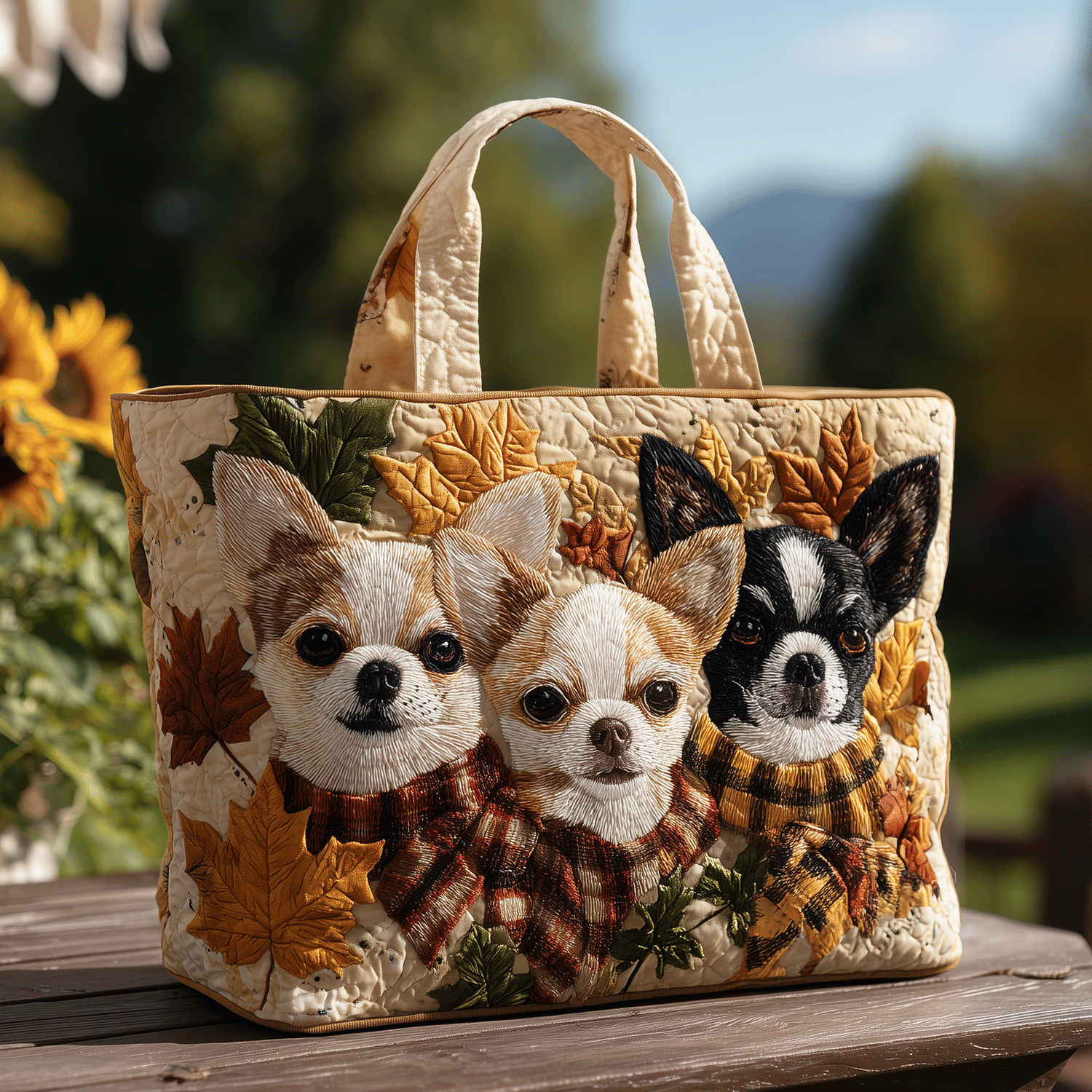🔥Handmade Chihuahua Autumn-themed Quilted Tote Bag