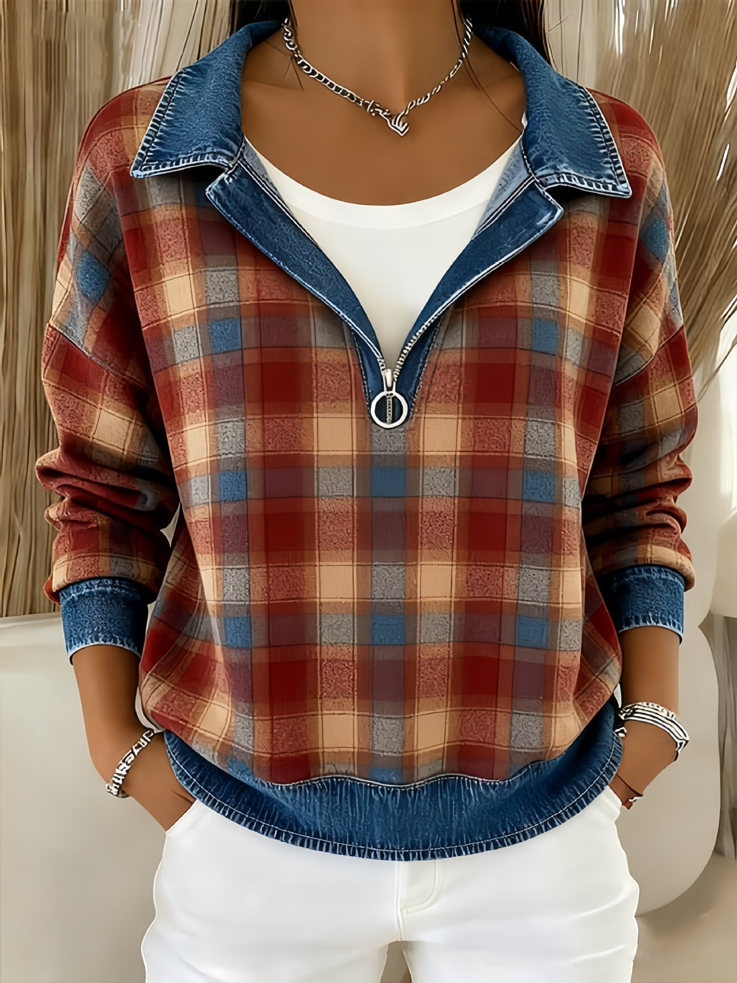 Clearance Sale 🔥 Women's Vintage Plaid Denim Patchwork Half-Zip Top