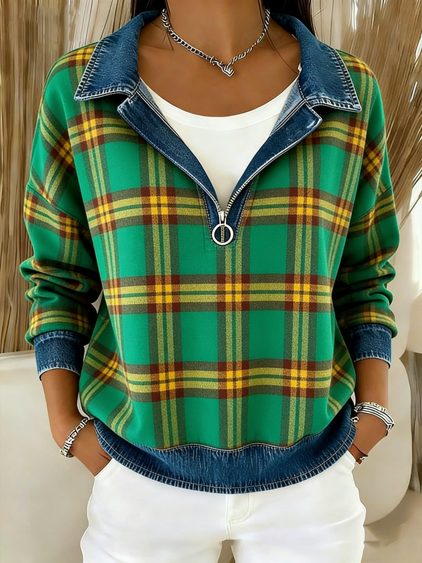 Clearance Sale 🔥 Women's Vintage Plaid Denim Patchwork Half-Zip Top
