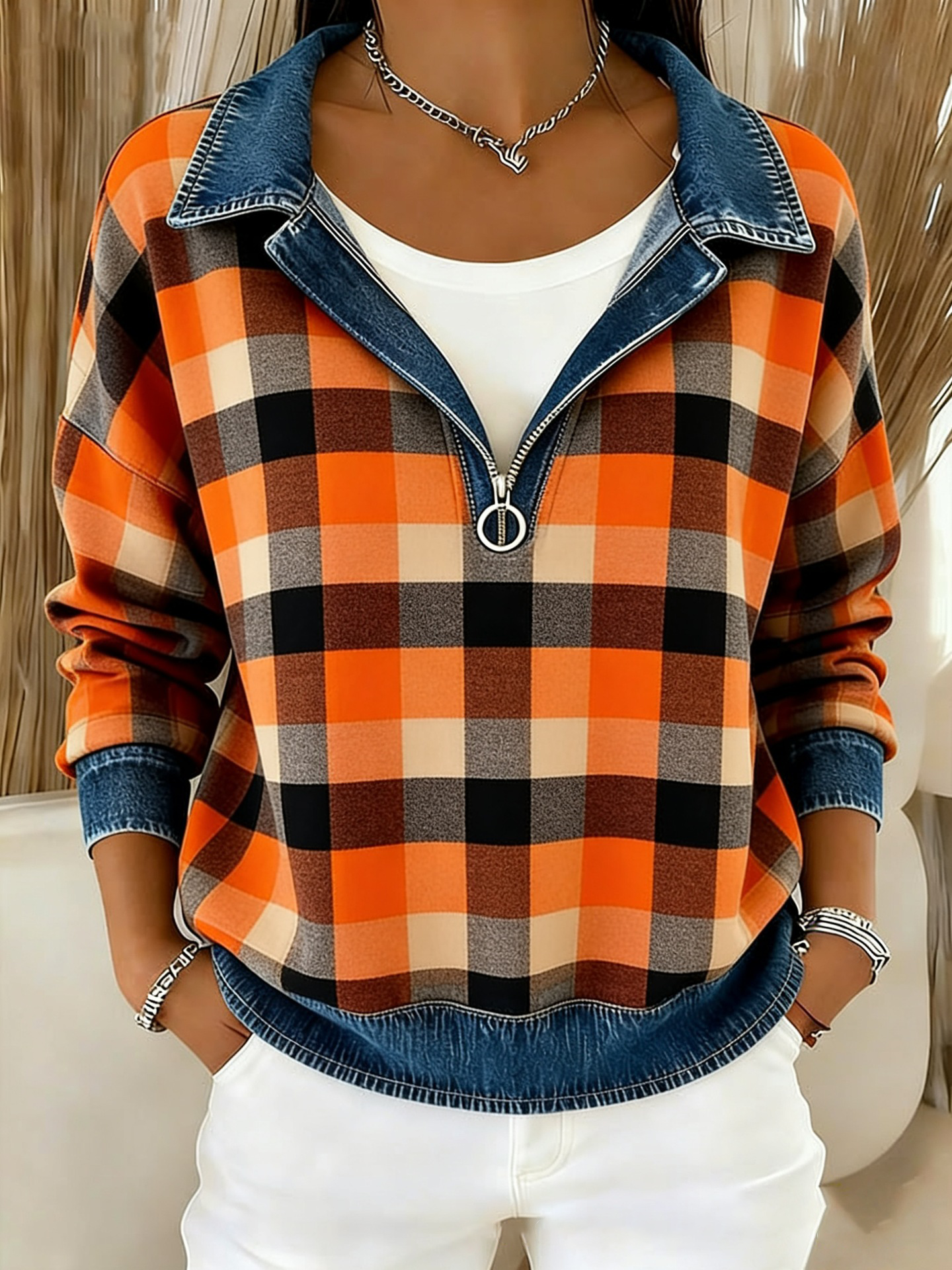Clearance Sale 🔥 Women's Vintage Plaid Denim Patchwork Half-Zip Top