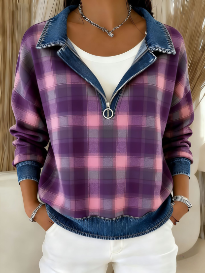 Clearance Sale 🔥 Women's Vintage Plaid Denim Patchwork Half-Zip Top