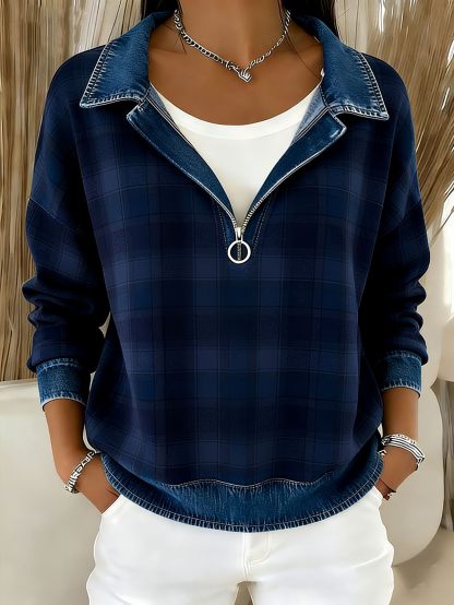 Clearance Sale 🔥 Women's Vintage Plaid Denim Patchwork Half-Zip Top