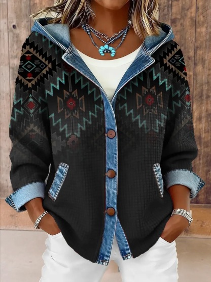 Clearance Sale 🔥 Women's Vintage Waffle Knit and Denim Patchwork Hooded Cardigan