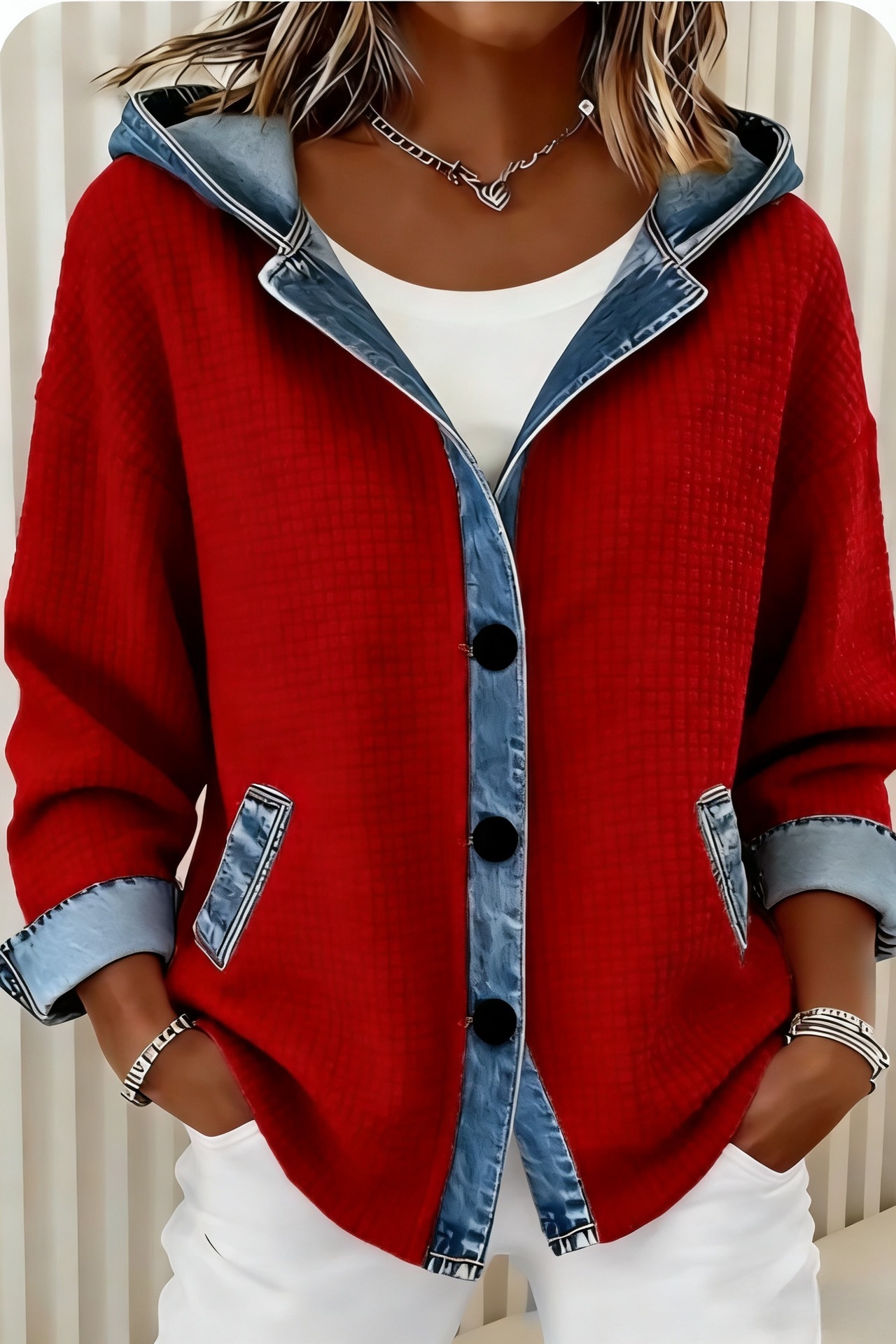 Clearance Sale 🔥 Women's Vintage Waffle Knit and Denim Patchwork Hooded Cardigan