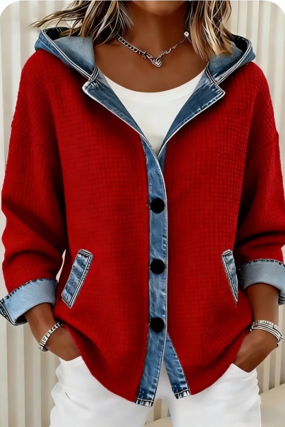 Clearance Sale 🔥 Women's Vintage Waffle Knit and Denim Patchwork Hooded Cardigan
