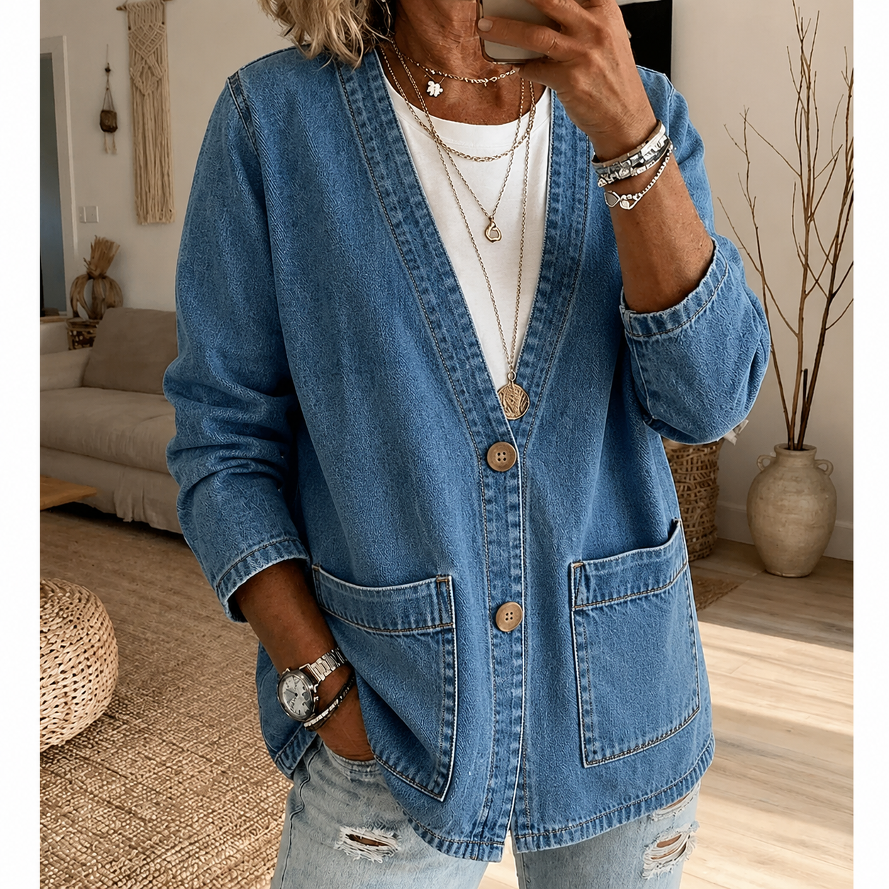 🧥 50% OFF NOW! ✨ Women's Classic Button Front Denim Jacket – V-Neck, Breathable Fabric & Relaxed Fit 💙