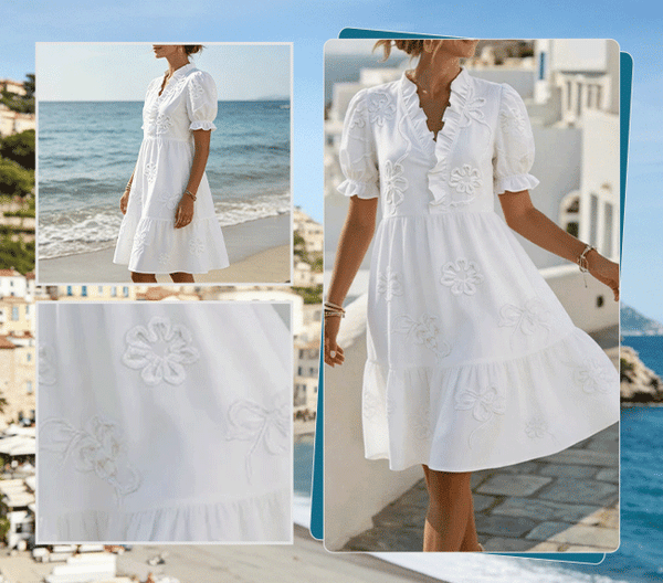 New Women's Loose-Fit V-Neck Dress with Ruffles and Puff Sleeves
