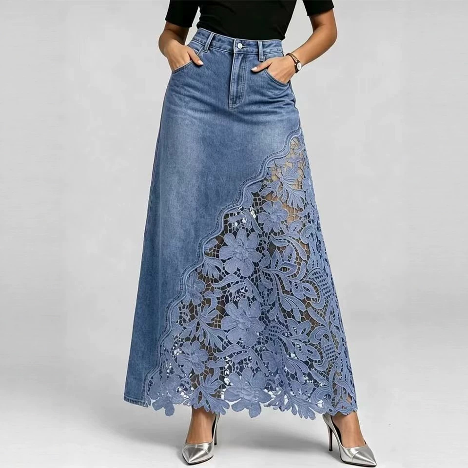 Stylish & Sexy Lace-paneled Cutout Denim Skirtv