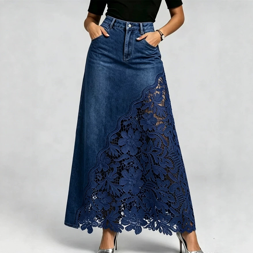 Stylish & Sexy Lace-paneled Cutout Denim Skirtv