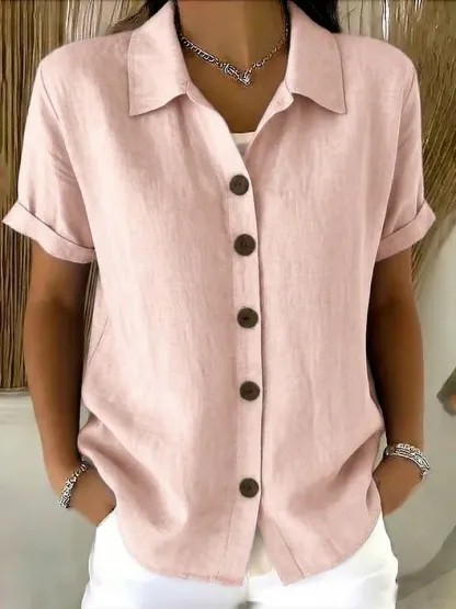 Women Plain Shirt Collar Short Sleeve Shirt Casual Daily Summer Top