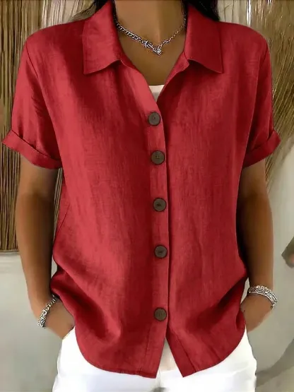 Women Plain Shirt Collar Short Sleeve Shirt Casual Daily Summer Top