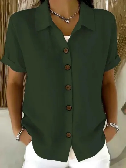 Women Plain Shirt Collar Short Sleeve Shirt Casual Daily Summer Top