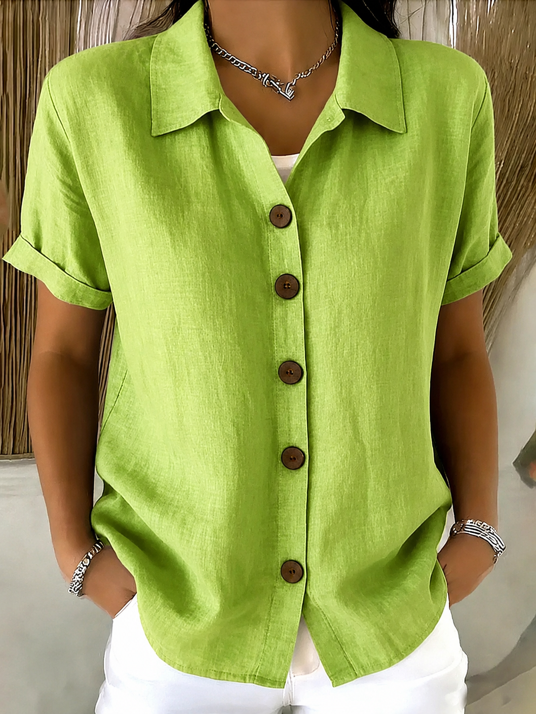 Women Plain Shirt Collar Short Sleeve Shirt Casual Daily Summer Top