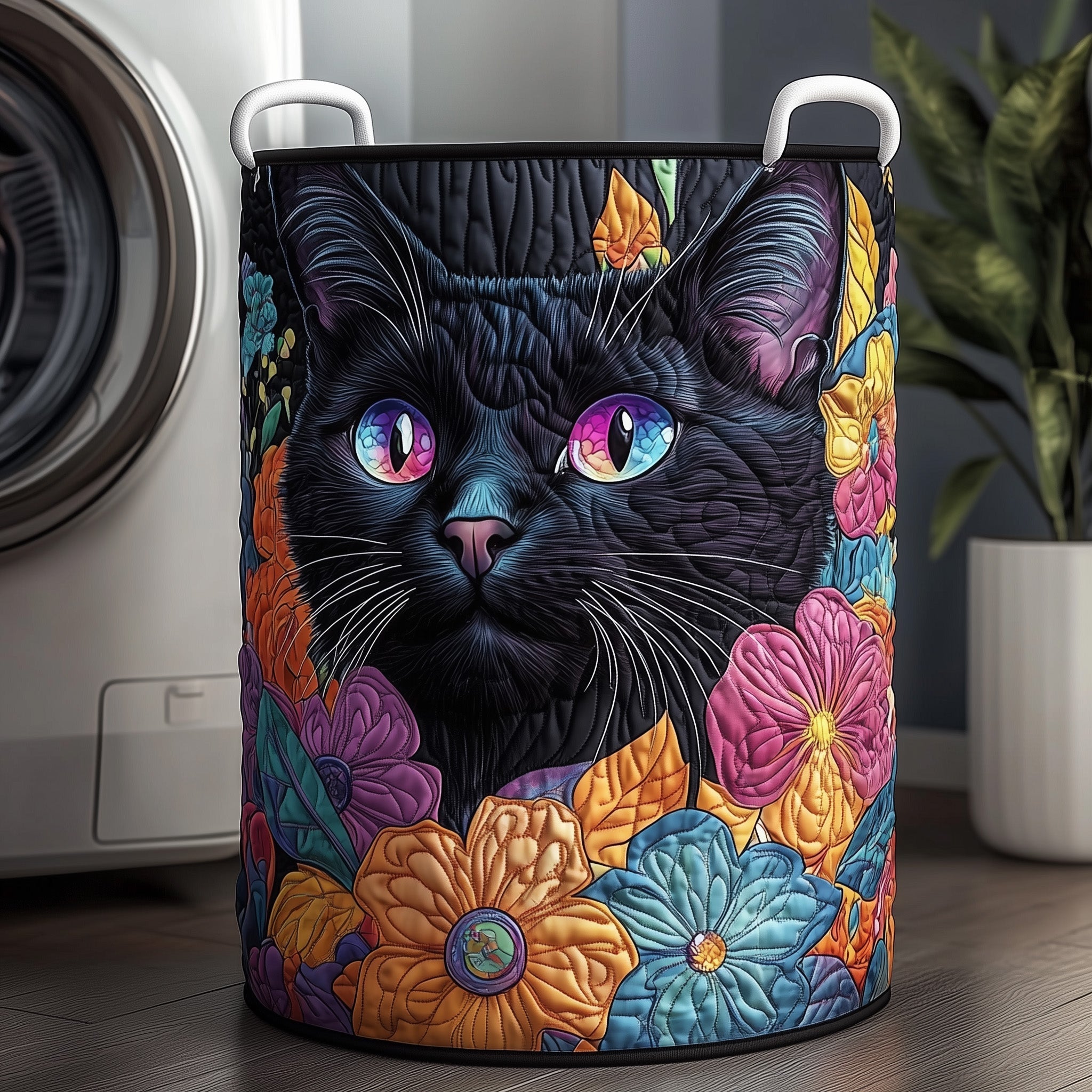 Floral Black Cat Quilted Laundry Basket GFTOXM278