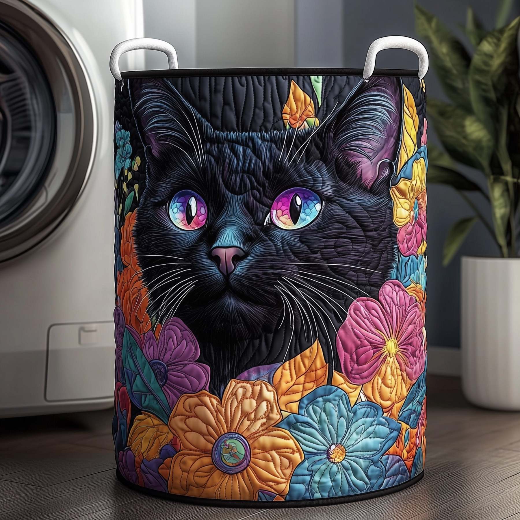 Floral Black Cat Quilted Laundry Basket GFTOXM278