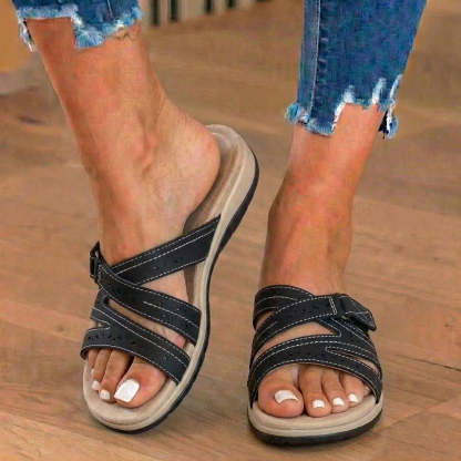 Orthopedic Suede Slide Sandals - Perforated Cutout & Velcro Closure