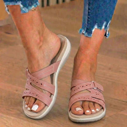 Orthopedic Suede Slide Sandals - Perforated Cutout & Velcro Closure