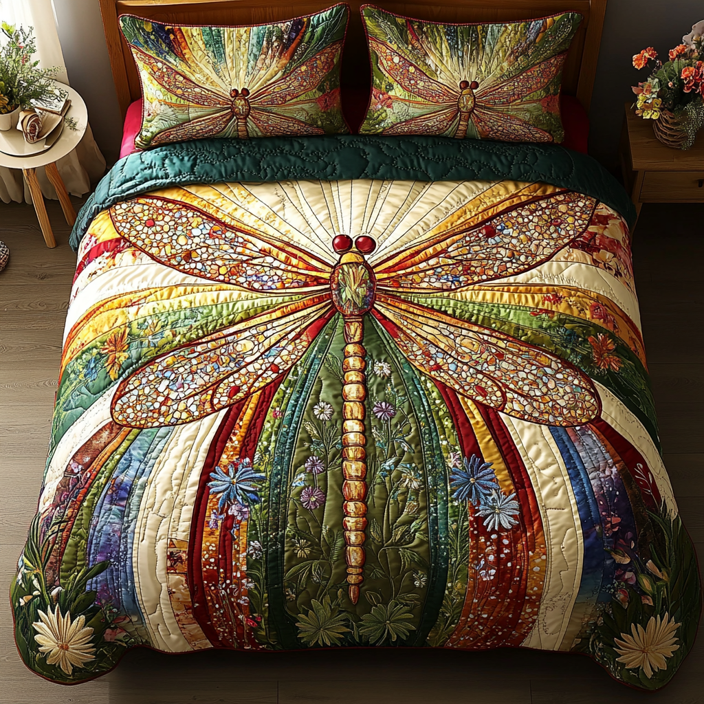 Golden Dragonfly 3-Piece Quilted Bedding Set NCU0DV2824