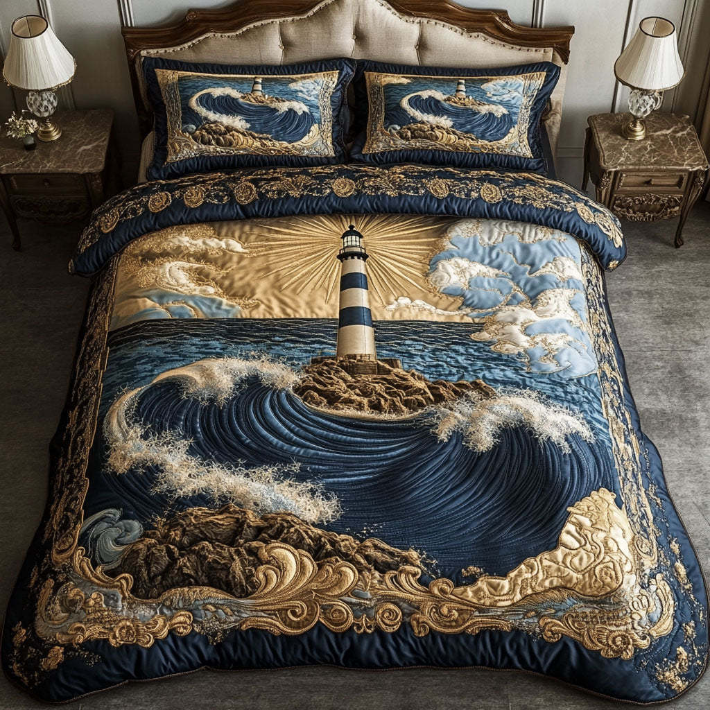 Majestic Blue Lighthouse 3-Piece Quilted Bedding Set NCU0NT3356