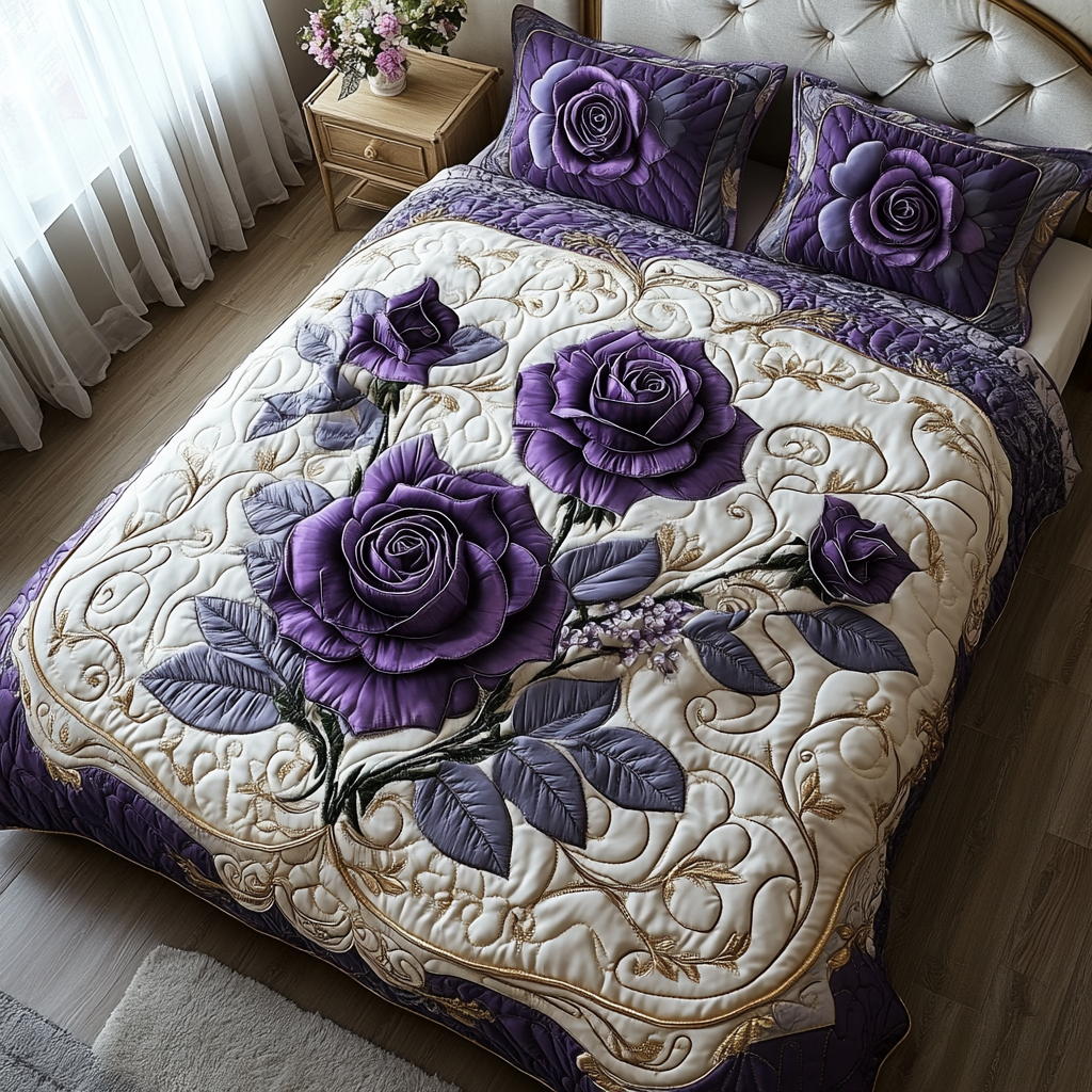Purple Rose 3-Piece Quilted Bedding Set NCU0VT119