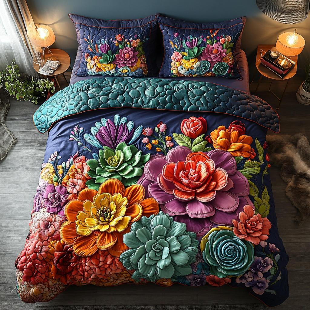 Prickles and Blooms 3-Piece Quilted Bedding Set NCU0DV2519