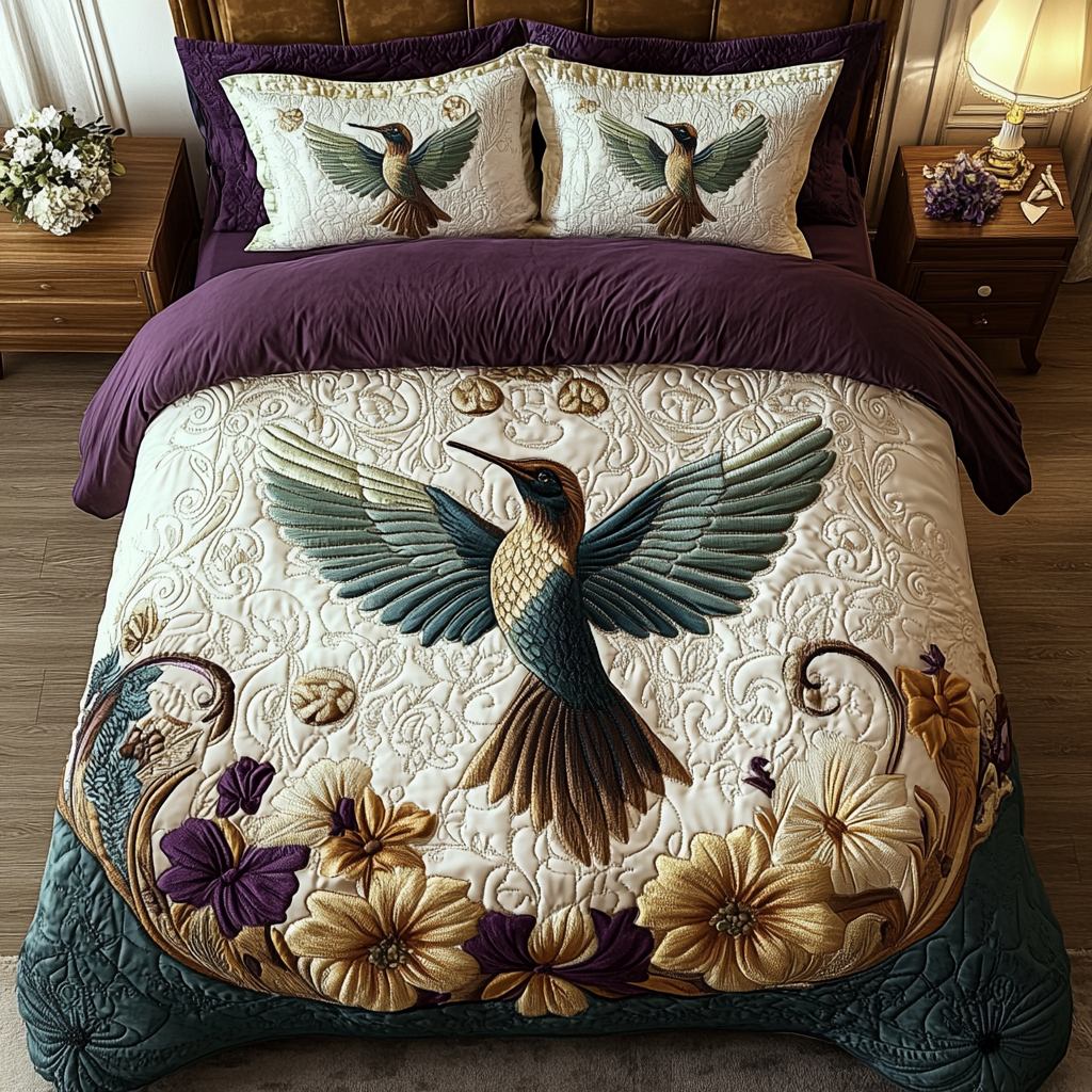 Royal Hummingbird 3-Piece Quilted Bedding Set NCU0VL1201
