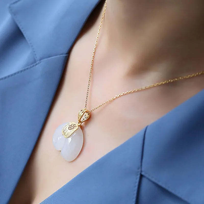 Hetian Jade Elephant Pendant Necklace – 18K Gold Plated Chain for Women