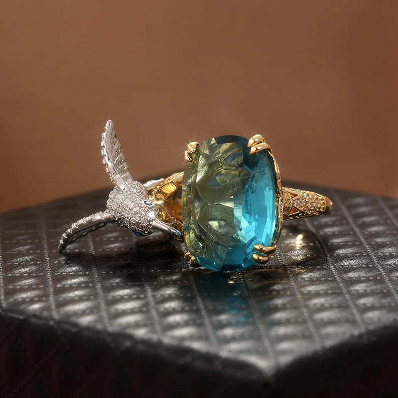 Adjustable Aquamarine-Color Hummingbird Ring – 14K Gold Plated