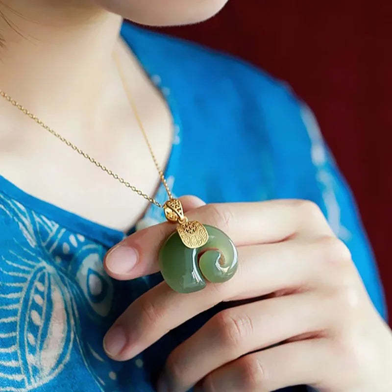 Hetian Jade Elephant Pendant Necklace – 18K Gold Plated Chain for Women