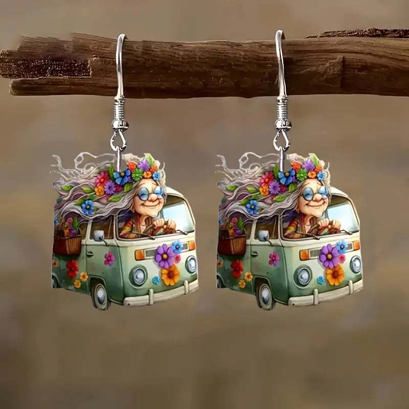 🌸Cute Flowering Van Grandma Pendant Earrings🚐