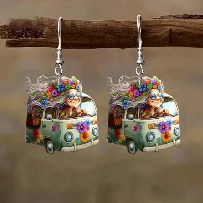 🌸Cute Flowering Van Grandma Pendant Earrings🚐