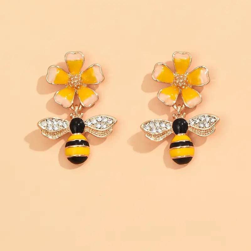 Elegant Enamel Flower Bee Earrings