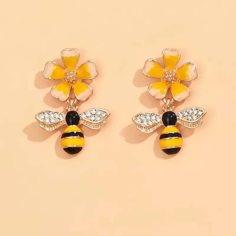 Elegant Enamel Flower Bee Earrings