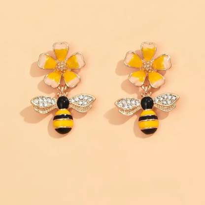 Elegant Enamel Flower Bee Earrings