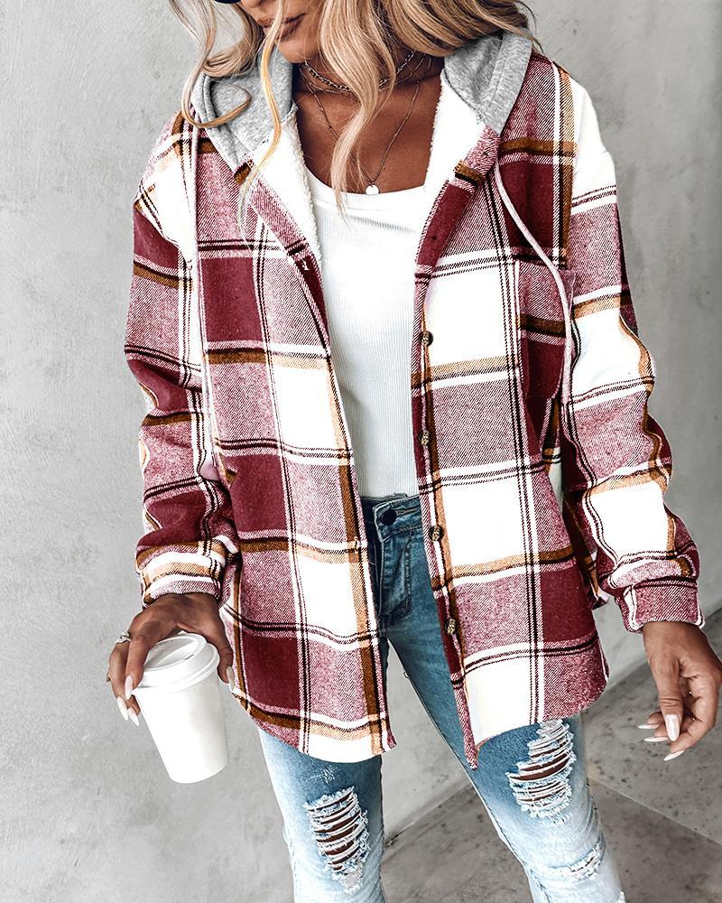 Plaid Pattern Long Sleeve Shacket Button Down Fleece Lined Hooded Jackets Warm Coat