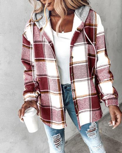 Plaid Pattern Long Sleeve Shacket Button Down Fleece Lined Hooded Jackets Warm Coat