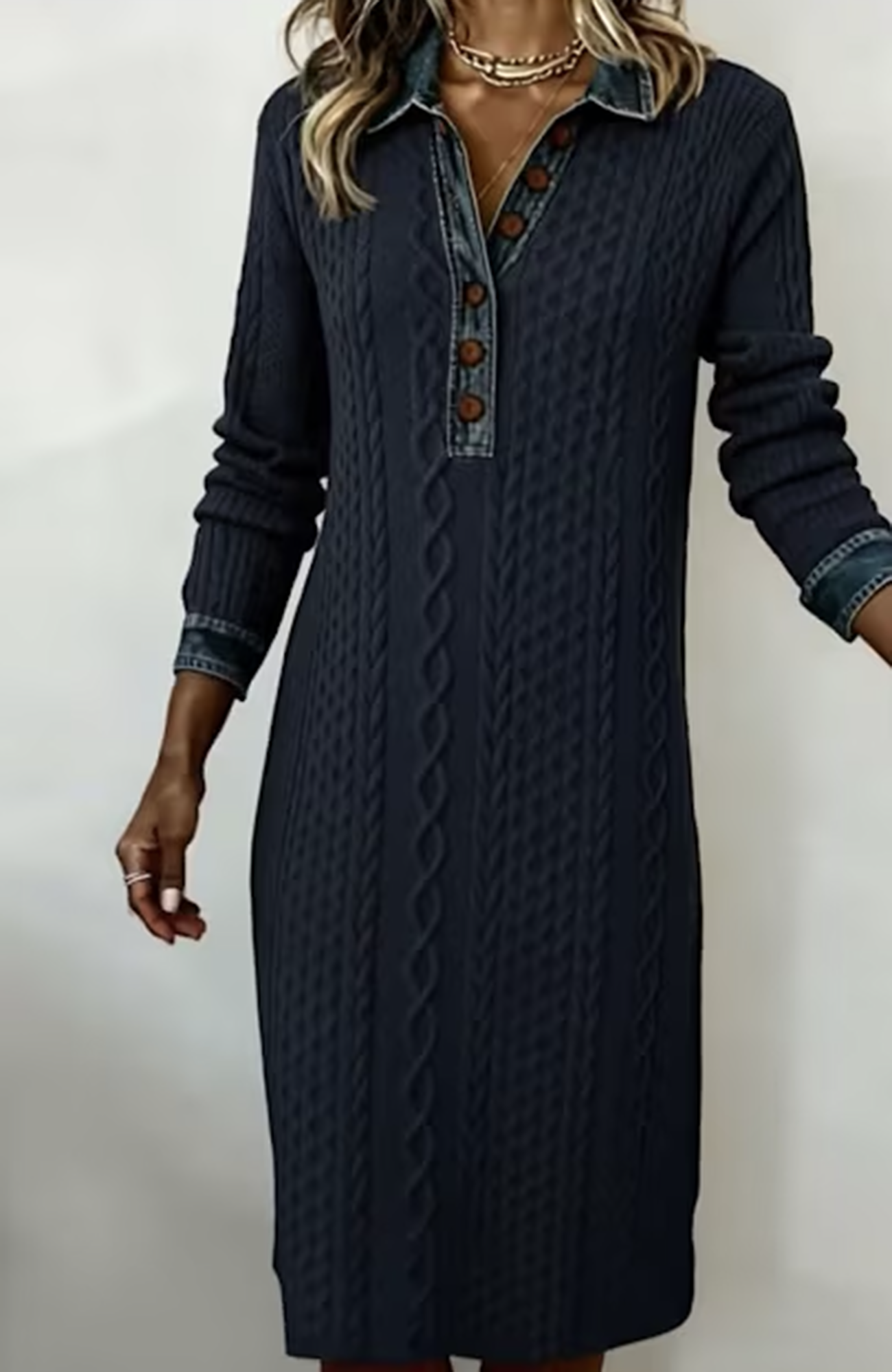 🎄Clearance Sale! 🔥Autumn/Winter Retro Cable Knit and Denim Patchwork Dress
