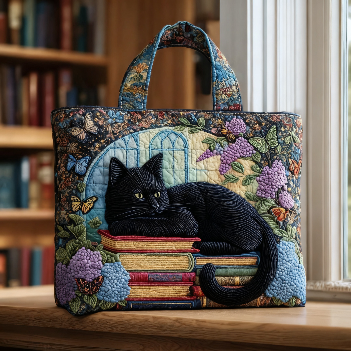 Elegant black cat quilted tote bag
