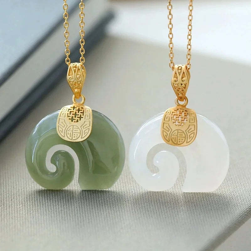 Hetian Jade Elephant Pendant Necklace – 18K Gold Plated Chain for Women